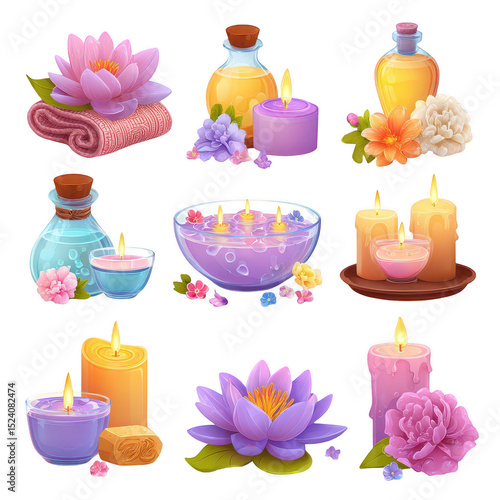 Relaxing Aromatherapy Scene with Candles, Essential Oils, Flowers, and Spa Elements for Tranquil Ambiance and Wellness Promotion