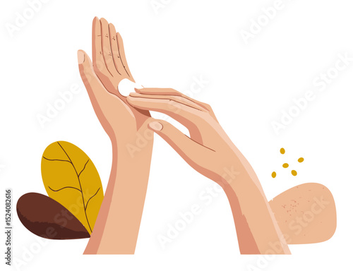 Hand Application of Cosmetic Cream Against a Minimalist Background Illustration