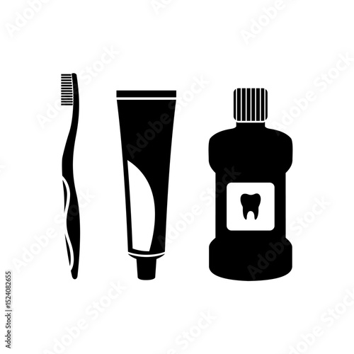 Symbol of toothbrush and toothpaste and mouth wash. Dental health icon. Vector illustration.