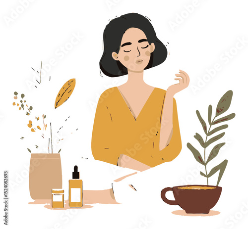 Elegant Illustration of a Woman with Cosmetic Products and Plants