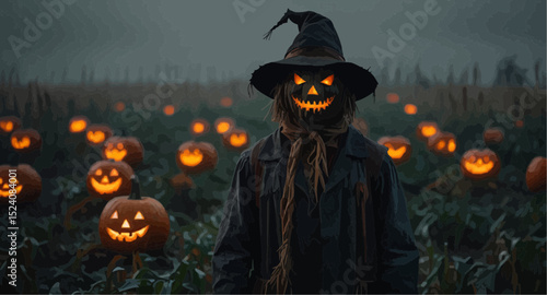 A scarecrow is positioned in a field filled with ripe pumpkins, creating a classic autumn harvest scene.  