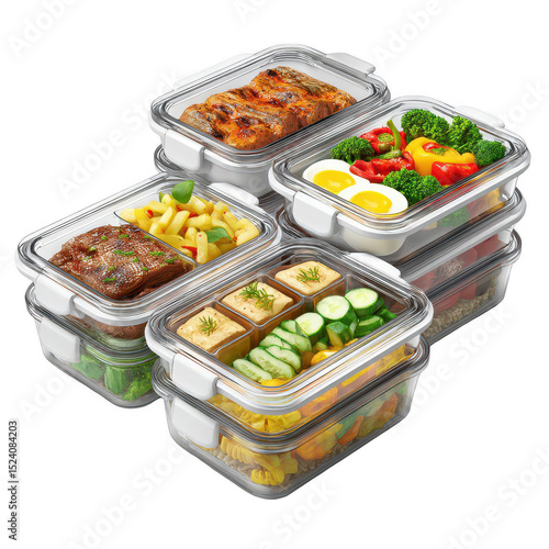 Stack of Transparent Glass Food Storage Containers Filled with Healthy Meal Prep Ingredients and Cooked Dishes for Balanced Nutrition