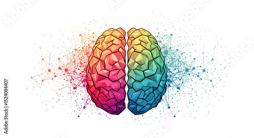 Abstract Low Poly Colorful Human Brain with Neural Network Connections