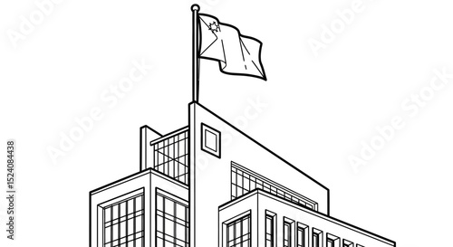Architectural Drawing of a Building with a Flag