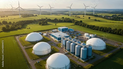 Aerial view of a biogas plant situated in a rural landscape with wind turbines