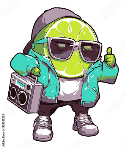 Fun Cartoon Character of Lime with Sunglasses and Boombox in Hip Style