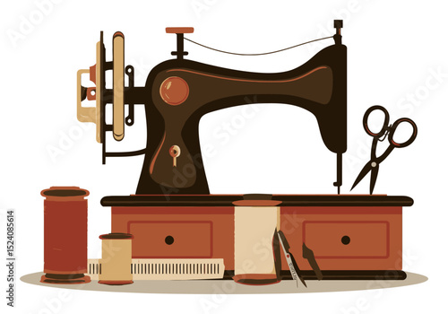 Vintage Sewing Machine with Spools, Scissors, and Accessories on a Table
