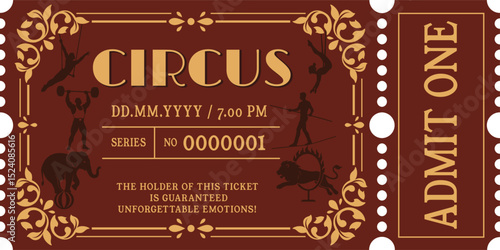 Vintage Circus Ticket with Silhouettes and Decorative Ornaments