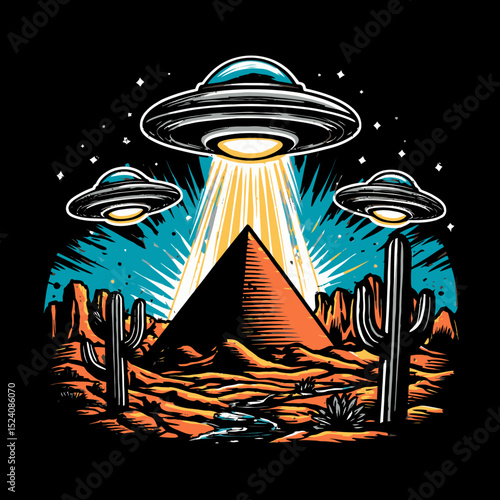 UFOs Above a Desert Pyramid in Neon Retro Vector Art Style
