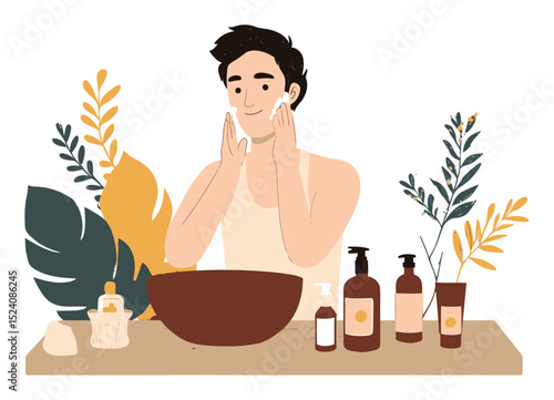 Skincare Routine Illustration of a Man Doing Facial Cleansing at Home