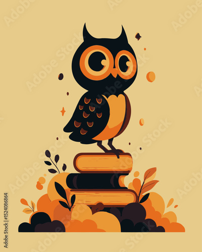 Cute Cartoon Owl Illustration on Books with Vibrant Orange and Brown Colors