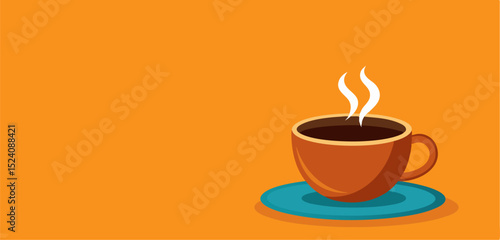 Illustration of a red or reddish orange coffee cup with a cartoon character. This image is very cheerful and inviting, depicting a lively and happy cup of coffee, as if ready to brighten up the day.