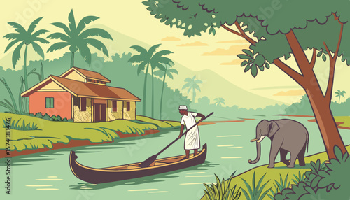 Illustration of a boatman rowing an elephant across the river. A scene in Kerala, India 