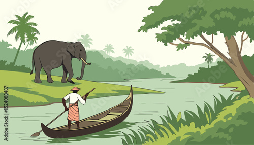 Illustration of a boatman rowing an elephant across the river. A scene in Kerala, India 