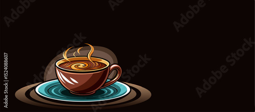 Illustration of a red or reddish orange coffee cup with a cartoon character. This image is very cheerful and inviting, depicting a cheerful and happy cup of coffee, as if ready to brighten up the day.