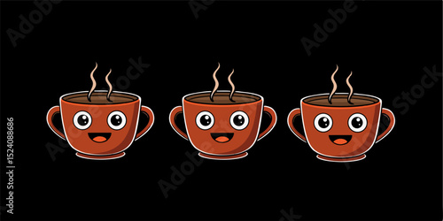 Illustration of a red or reddish orange coffee cup with a cartoon character. This image is very cheerful and inviting, depicting a cheerful and happy cup of coffee, as if ready to brighten up the day.