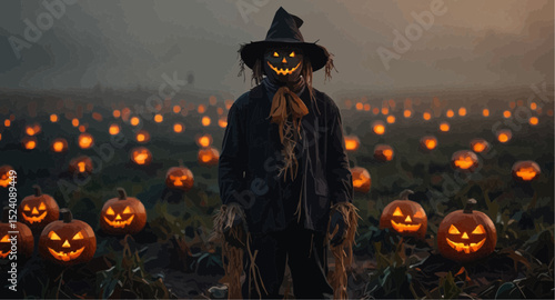A scarecrow is positioned in a field filled with ripe pumpkins, creating a classic autumn harvest scene.  