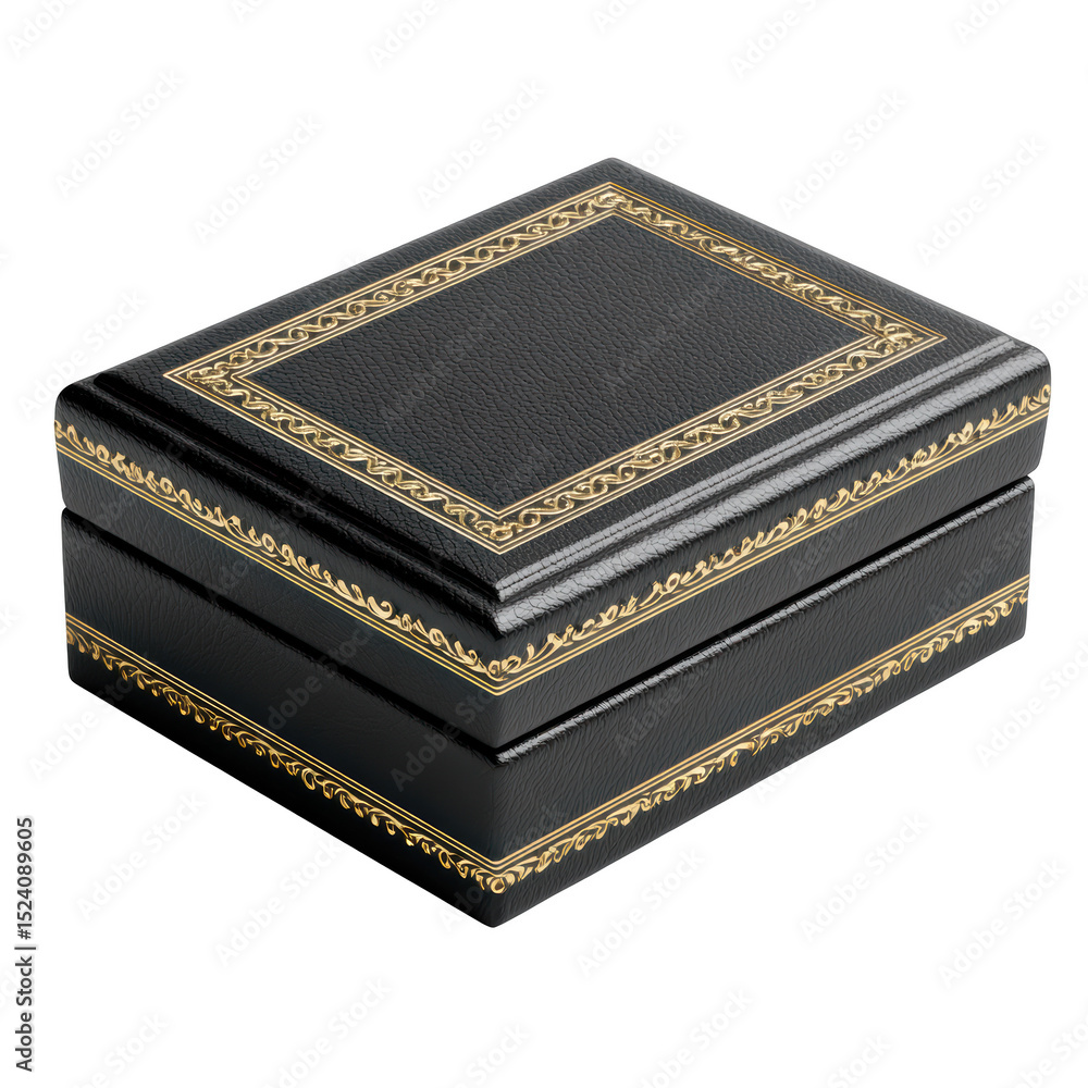 Fototapeta premium Elegant black leather box with intricate golden borders and smooth surface for storage and display
