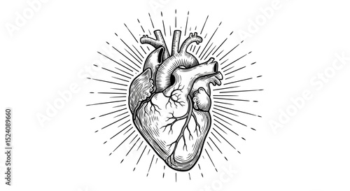 Detailed Anatomical Illustration of a Human Heart with Bursting Rays