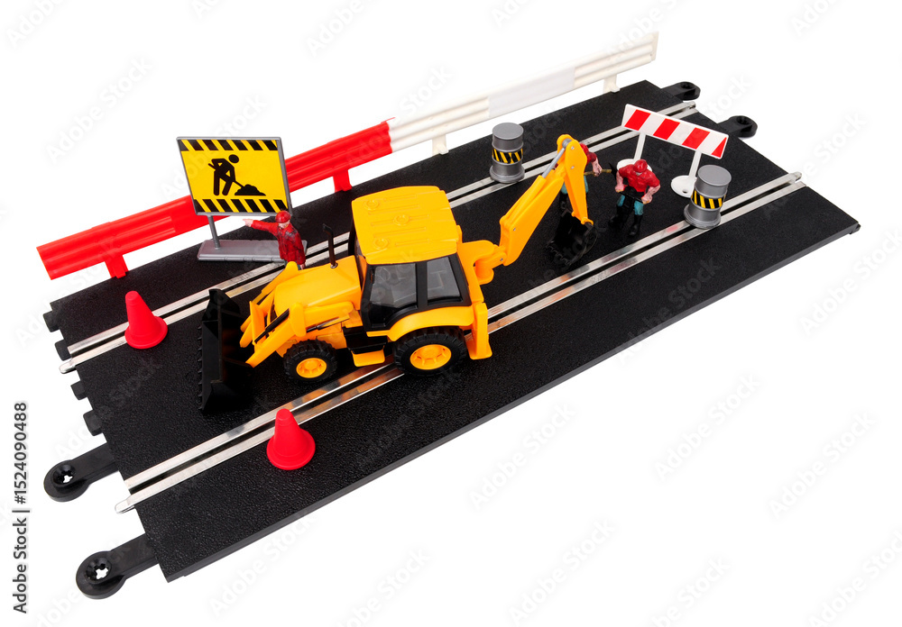 Naklejka premium Slot car racing track road repair scene with excavator and work crew figures isolated on a white background