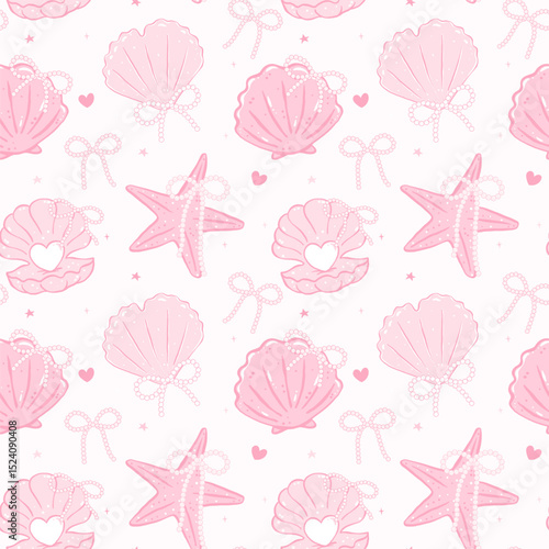 Retro coquette Summer seamless pattern with pearl bow seashells in pastel pink beach vibe for cute girly fabric and digital surface design