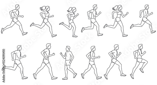 Line art of running male and female figures in athletic poses vector illustration