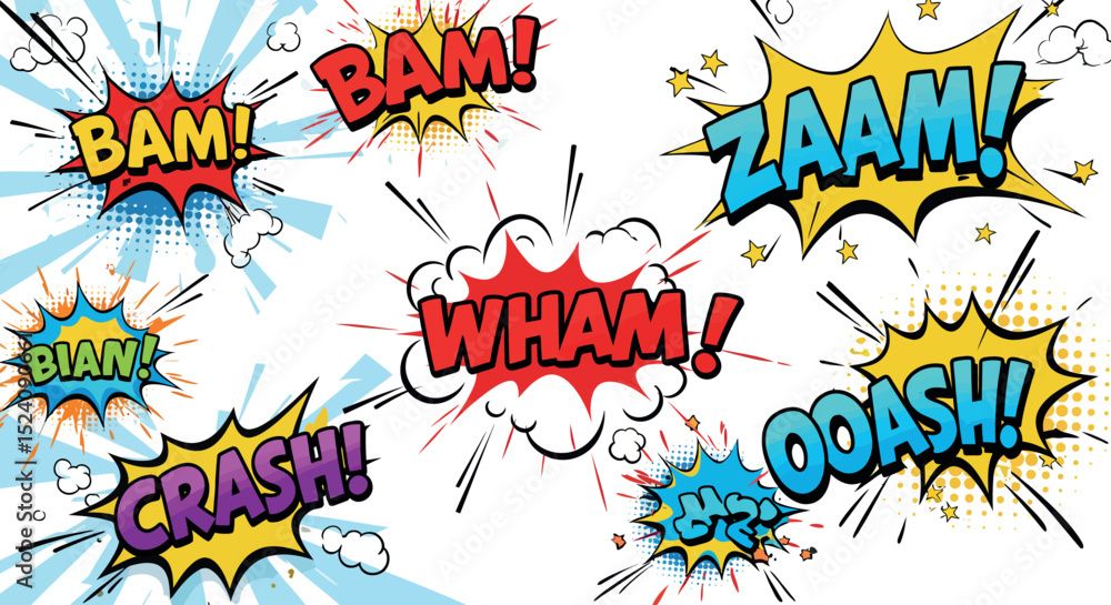 Obraz premium Colorful comic book sound effects with bam wham zaam crash graphics vector illustration