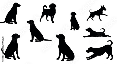 Silhouette collection of diverse dogs in various poses vector illustration