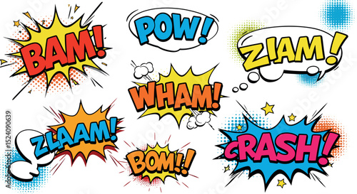 Vibrant comic book sound effects with colorful alerts and speech bubbles vector illustration