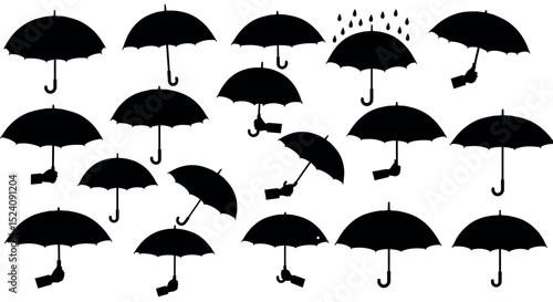 Silhouette of multiple umbrellas with raindrops on white background vector illustration