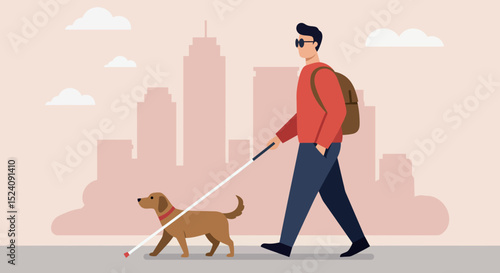 Young male with guide dog navigating city streets confidently vector illustration