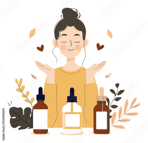 Woman Enjoying Natural Cosmetics with Various Serums and Leaves Illustration