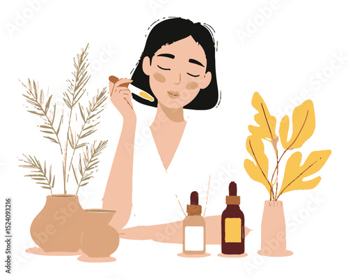 Woman Applying Skincare with Natural Cosmetic Products and Plants Illustration