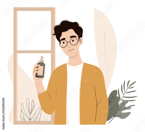 Young Person Holding Cosmetic Product in Modern Interior Illustration