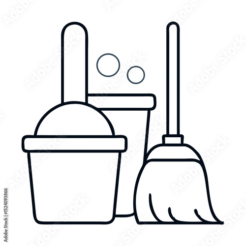 Cleaning supplies: broom dustpan and bucket for home cleaning. Essential cleaning tools for spotless home.  Cleaning equipment perfect for housewarming gift or e-commerce product image.