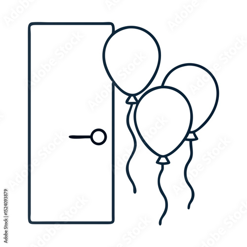 Housewarming party balloons at door. Celebration includes three inflatable balloons tied to closed door. Festive housewarming concept for online shop banners and e-commerce websites.