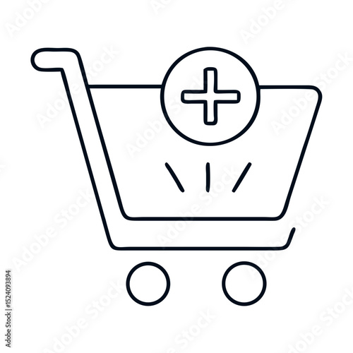 Add to cart icon design. Simple shopping cart with plus sign.  Elegant line art for e-commerce website or app. Add to cart button perfect for online store design and housewarming gift promotion.