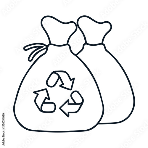 Recycling bags for waste disposal. Two reusable garbage bags with recycling symbol. Eco-friendly trash bags design for housewarming gifts or online store.