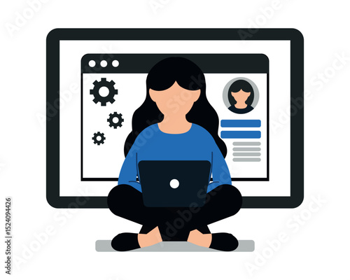 Flat illustration in blue and black tones. A woman is sitting cross-legged with a laptop on her lap, positioned in front of a large computer screen displaying interface elements: user profile, setting