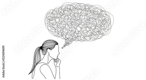 Thoughtful Woman with Abstract Thought Bubble Line Art Illustration