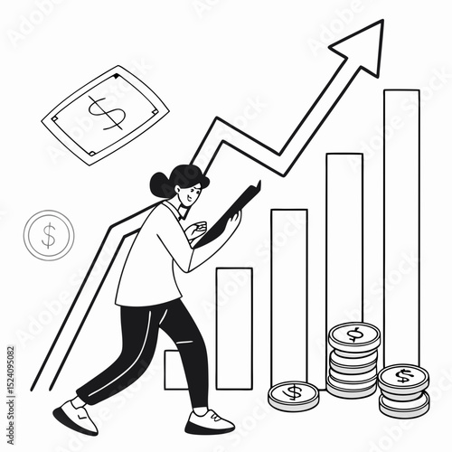 Woman analyzing financial growth chart with money and dollar bill illustration