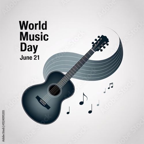 World Music Day in  June 21  Minimalist guitar silhouette illustration with flowing musical waves for World Music Day celebration. Great for music events, international music festivals, and creative.