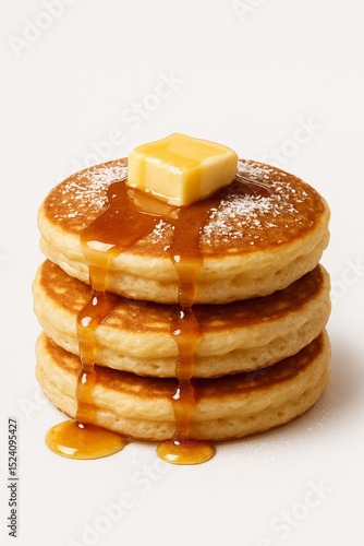 Stack of fluffy pancakes with melting butter and maple syrup
