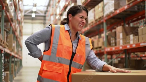Warehouse worker strains her back on the job, grimacing from severe pain in a logistics facility