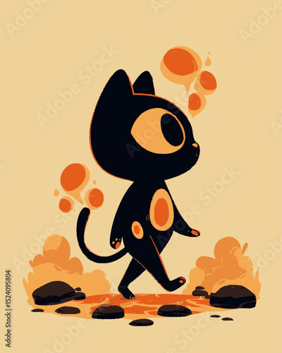 Cute Cartoon Cat Character with Orange Details on a Simple Background