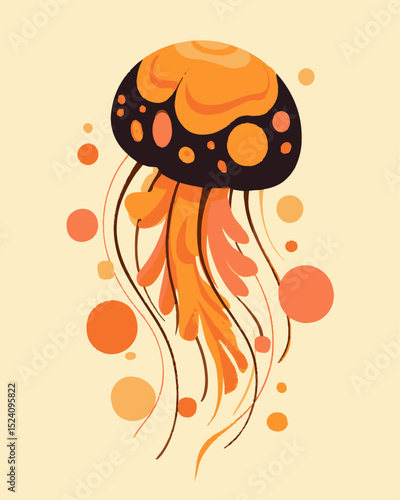 Vibrant Orange Jellyfish Illustration with Abstract Elements and Soft Background