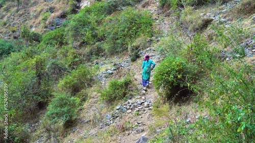 Wallpaper Mural A poor mountain woman climbs a rocky trail through dense green hills, carrying a rope and wearing traditional clothes. Torontodigital.ca