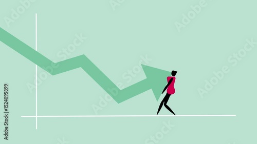 Upward Trend: business woman pushing a rising arrow, symbolizing overcoming challenges and achieving growth Graph stylized Illustration Animation - 4K Horizontal 12 sec. Video Seamless Loop