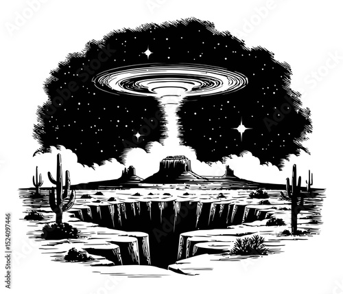 Black and White Engraving of a Cosmic Event Over a Desert Landscape