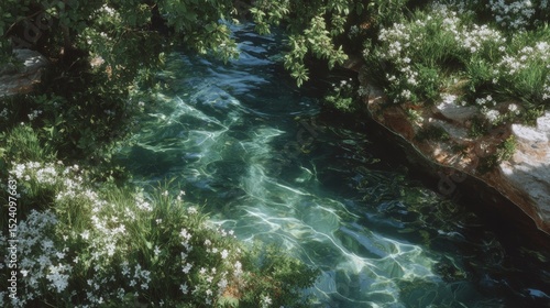 Serene Stream  Lush Greenery  White Flowers  Calm Water  Nature Photography